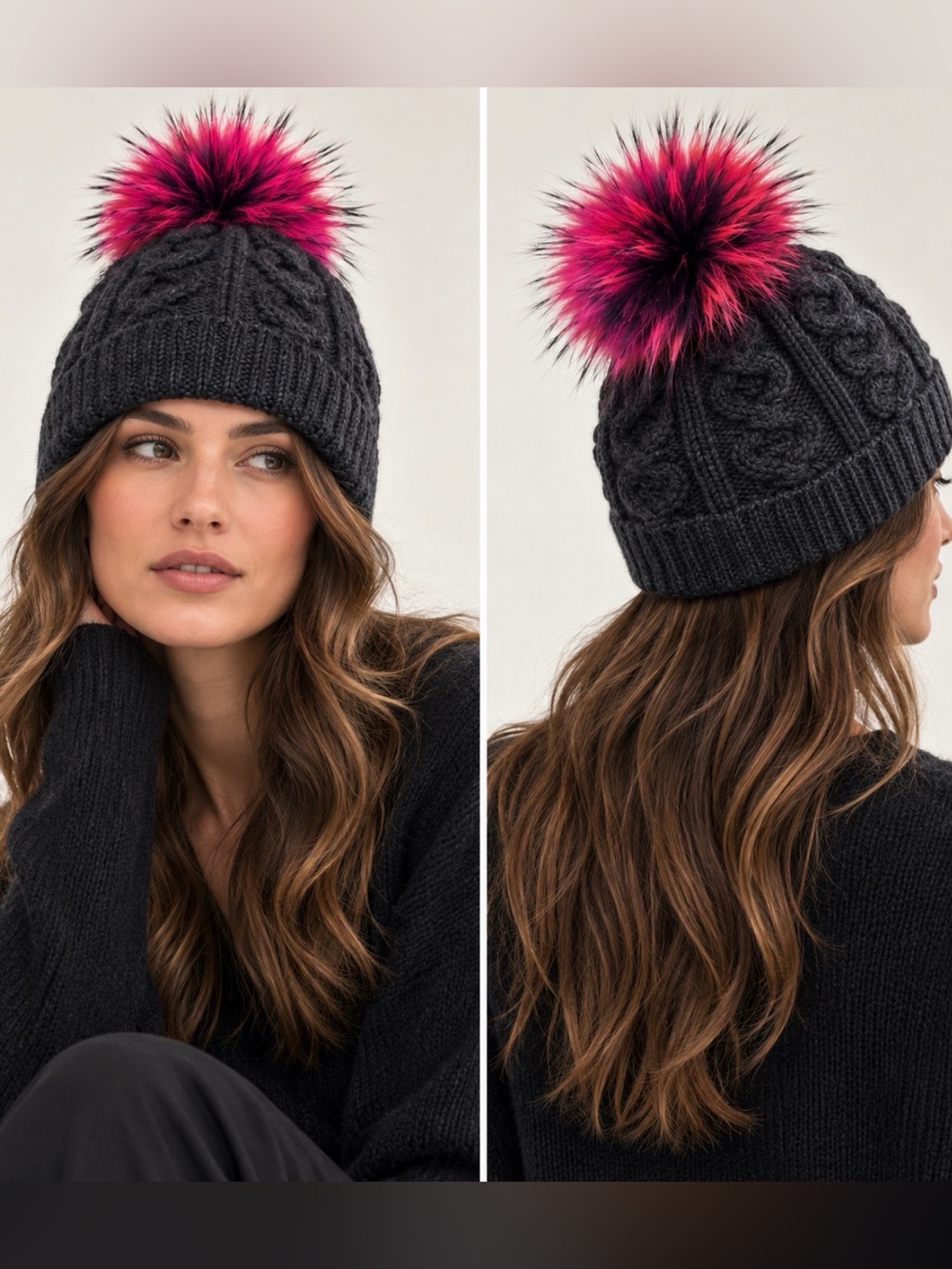 Echo alpaca l/wool blend Black Cable Knit Hat with Colorful Pom real raccoon fur
